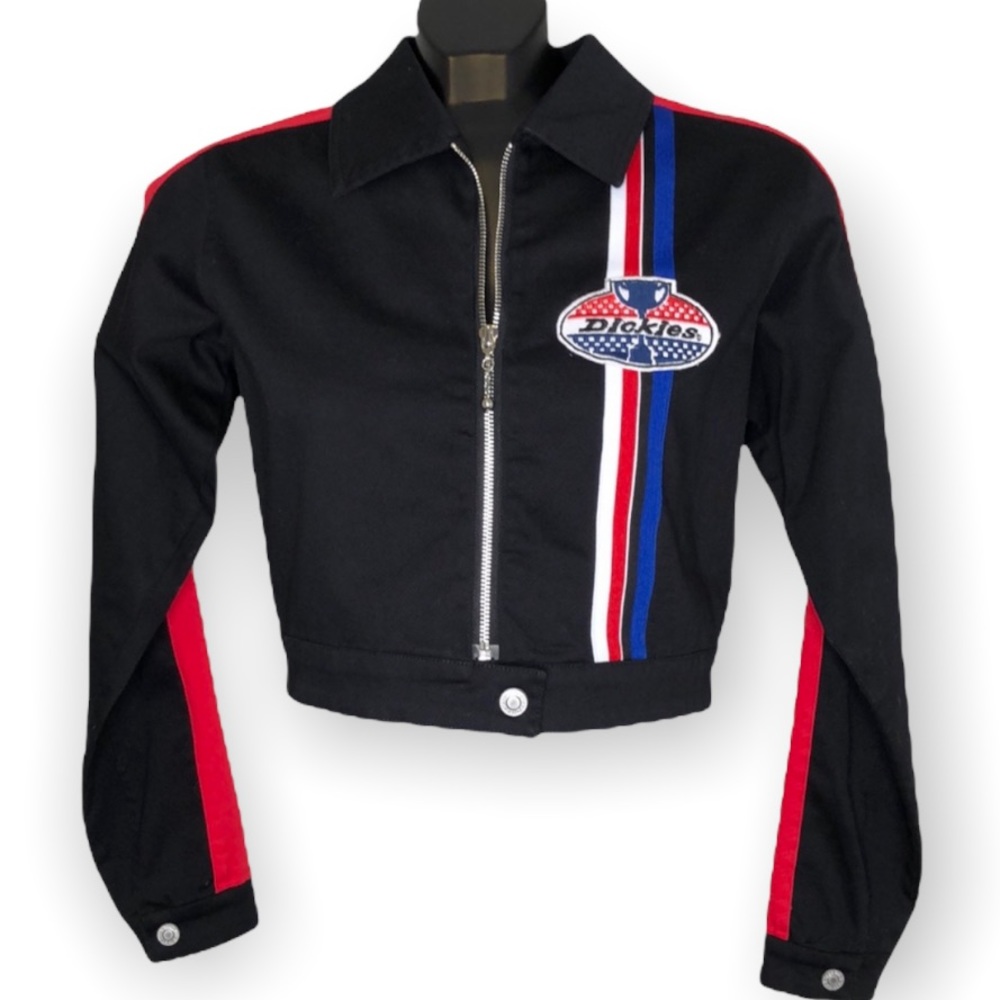 NWT Dickies black cropped logo patch cotton stretch zippered racing jacket S